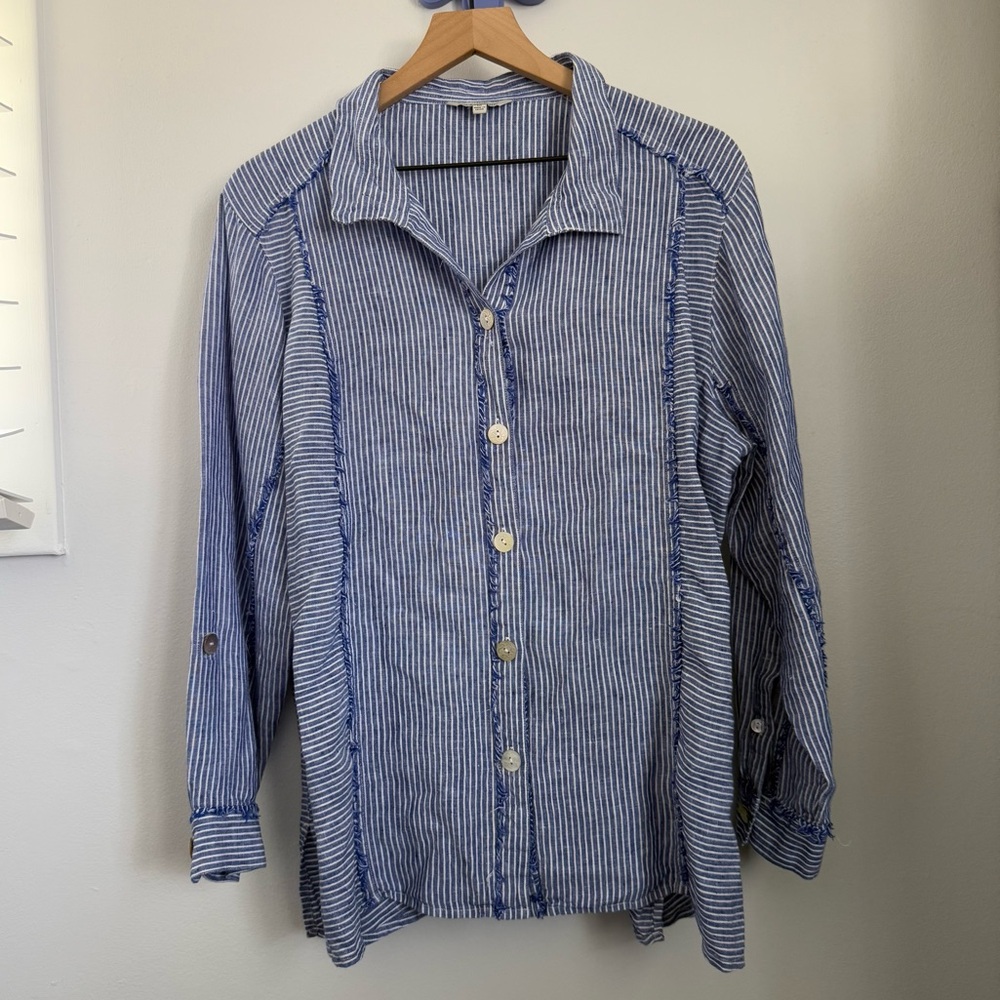 John Mark 1X Blue Stripe Linen Button Up Shirt Coastal Nautical Coastal Relaxed